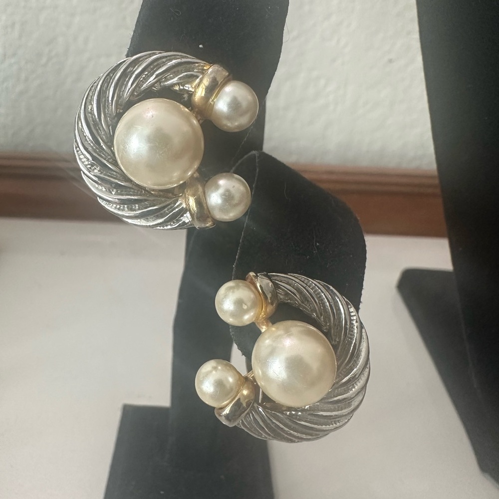 Elegant Silver & gold  and Pearl clip on Earrings